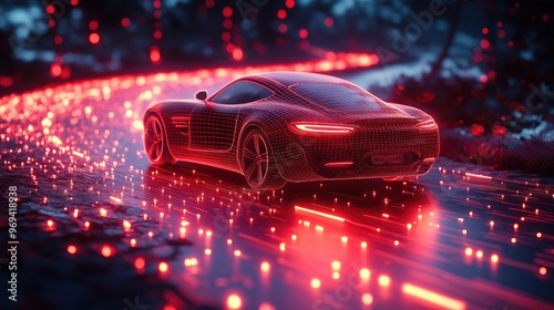 A futuristic car design illuminated by red lights on a winding road.