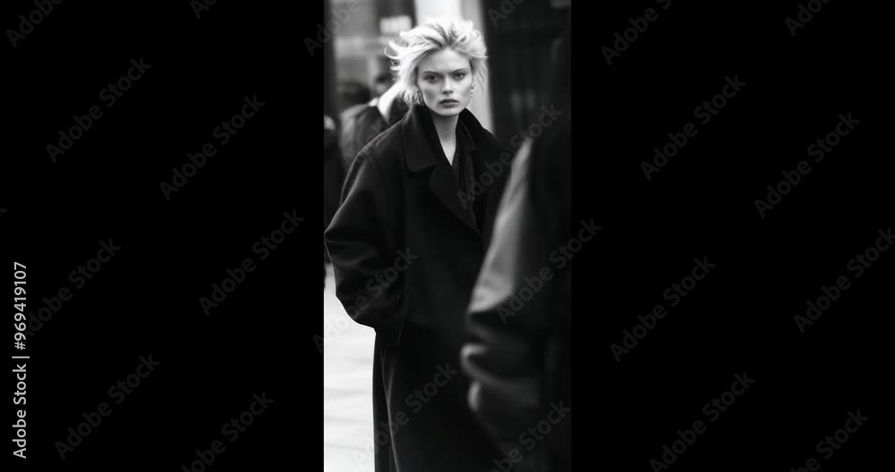 A striking black and white portrait of a woman standing confidently in the middle of a busy city street. A striking black and white portrait of a woman standing confidently in the middle of a busy city street.