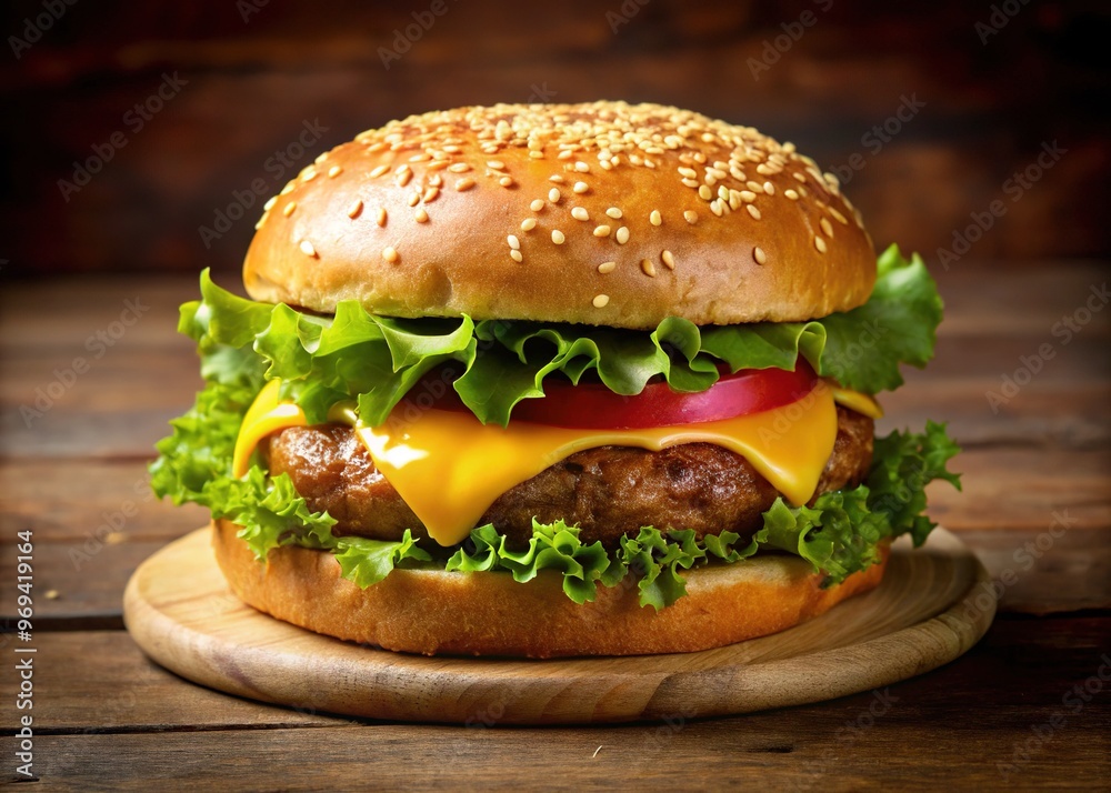 A juicy, golden-brown patty sits atop crisp, emerald-green lettuce on a soft, sesame seed bun with melted, creamy cheese. A juicy, golden-brown patty sits atop crisp, emerald-green lettuce on a soft, sesame seed bun with melted, creamy cheese.