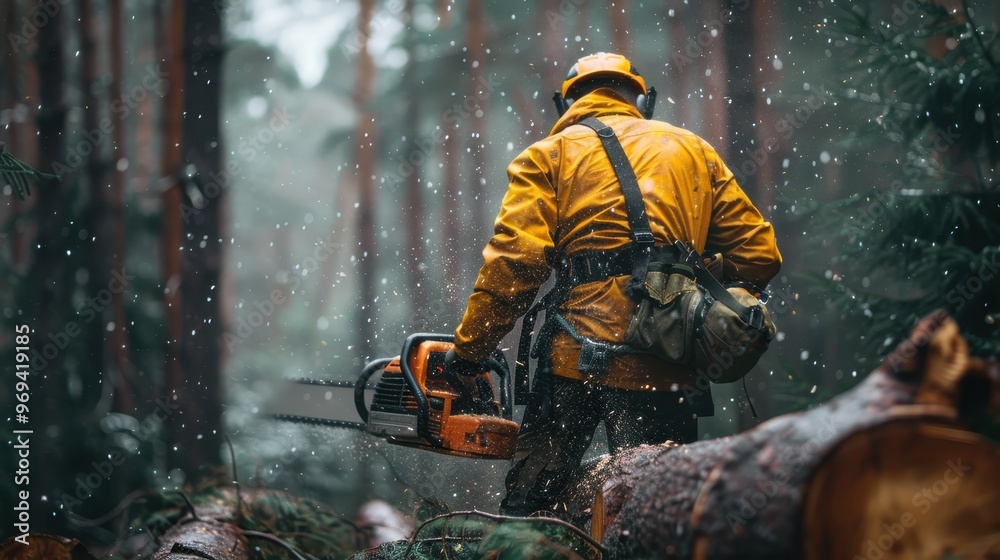 A man in a yellow jacket is cutting down trees with an axe A man in a yellow jacket is cutting down trees with an axe