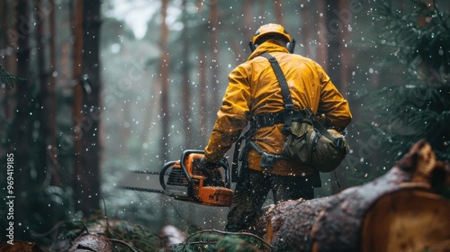 A man in a yellow jacket is cutting down trees with an axe photo