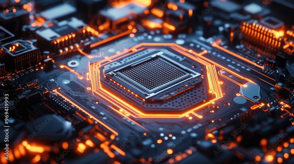 Detailed shot of a hexagonal motherboard component, illustrating advanced technology and circuitry Detailed shot of a hexagonal motherboard component, illustrating advanced technology and circuitry