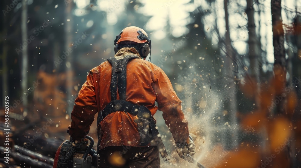 Naklejka premium A man in an orange jacket is cutting down trees with a chainsaw