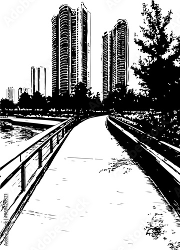 Stylized Urban Walkway with Skyscrapers and Trees