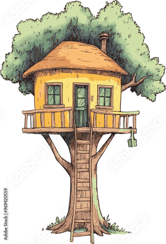 Whimsical Treehouse Surrounded by Lush Greenery