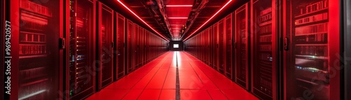 A futuristic server room illuminated by red lights, showcasing advanced technology and sleek design in a high-tech environment. photo