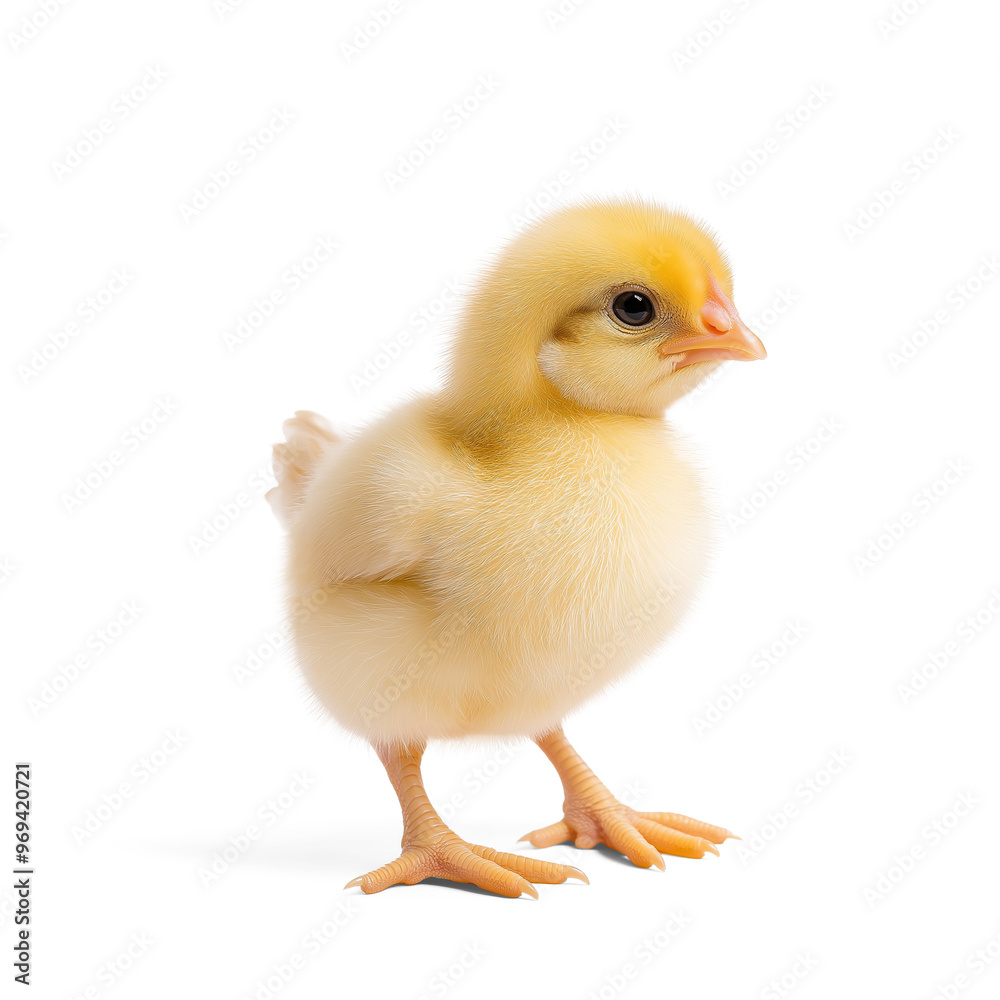 Obraz premium A cute, fluffy yellow chick standing upright, isolated on a transparent background