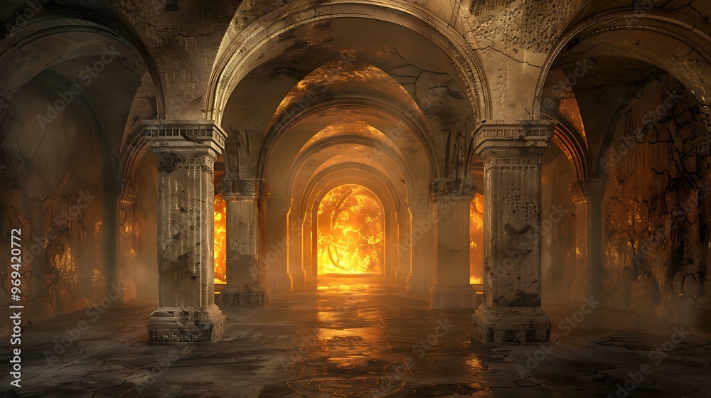 Fototapeta premium Limestone arches with fire in ancient classical designs