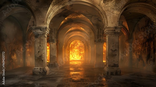 Limestone arches with fire in ancient classical designs