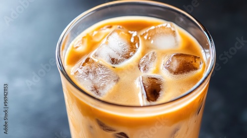 tall glass of iced coffee mixed with orange juice, ice cubes clinking against the glass, with a citrusy garnish floating on top