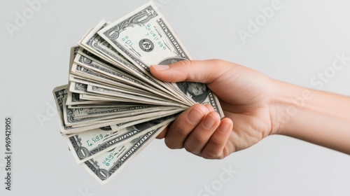 hand tightly gripping a wad of cash, with bills fanning out and slightly blurred in motion against a neutral background photo