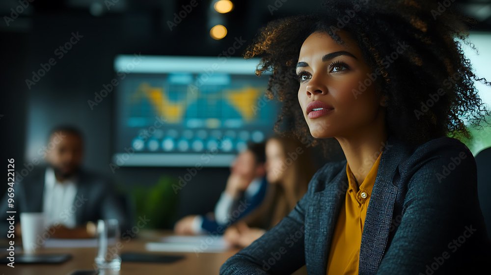 A woman with curly hair is sitting at a table in a conference room A woman with curly hair is sitting at a table in a conference room
