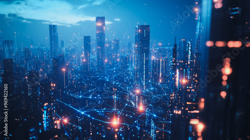 Smart digital city with connection cyber security network reciprocity over the cityscape . future smart wireless digital city and social media networking systems that connects people within the city