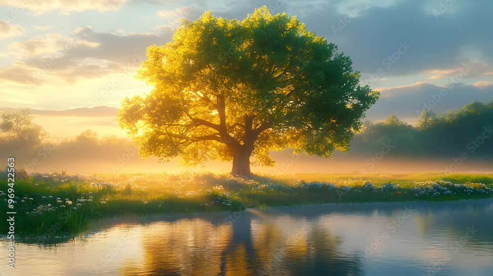 A serene landscape featuring a majestic tree by a calm river at sunrise. A serene landscape featuring a majestic tree by a calm river at sunrise.
