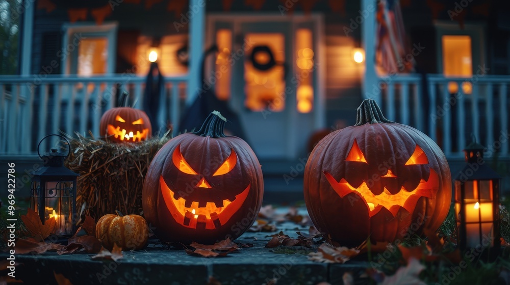 Fototapeta premium Three pumpkins with scary faces are on a porch