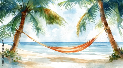 A tranquil beach scene with a hammock between palm trees, perfect for relaxation and escape into nature's beauty.