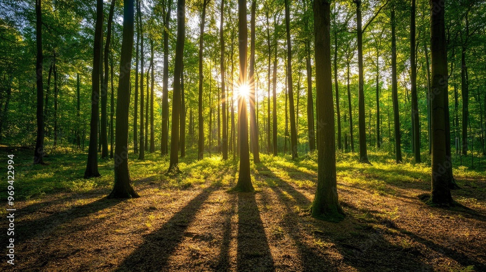 Obraz premium Sunlight streaming through a forest canopy, casting dappled shadows on the ground, creating a serene natural scene