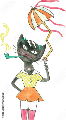 Chatte et parapluie