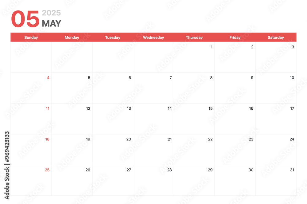 Calendar 2025. Calendar week 2025 starts on Sunday. Corporate minimalist clean calendar for May 2025