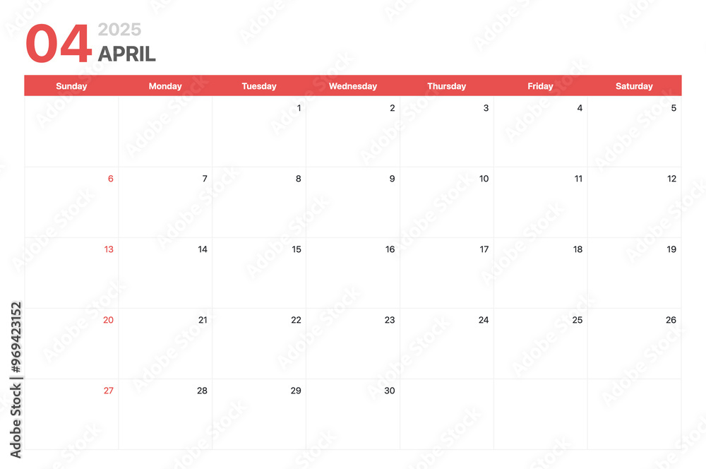 Calendar 2025. Calendar week 2025 starts on Sunday. Corporate minimalist clean calendar for April 2025