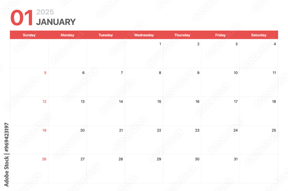 Calendar 2025. Calendar week 2025 starts on Sunday. Corporate minimalist clean calendar for January 2025