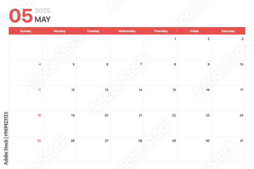 Obraz na płótnie Calendar 2025. Calendar week 2025 starts on Sunday. Corporate minimalist clean calendar for May 2025 w salonie