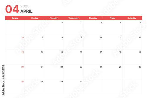 Obraz na płótnie Calendar 2025. Calendar week 2025 starts on Sunday. Corporate minimalist clean calendar for April 2025 w salonie