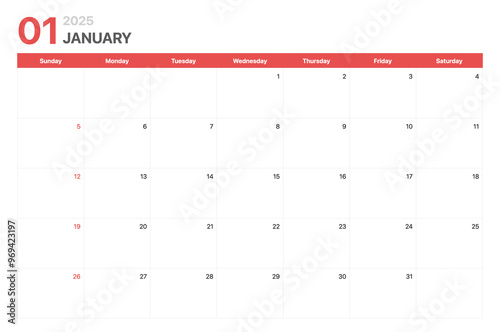 Obraz na płótnie Calendar 2025. Calendar week 2025 starts on Sunday. Corporate minimalist clean calendar for January 2025 w salonie