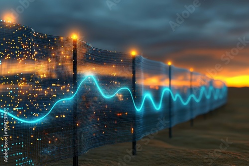 A high-tech digital fence with energy waves symbolizing barriers to trafficking routes. photo