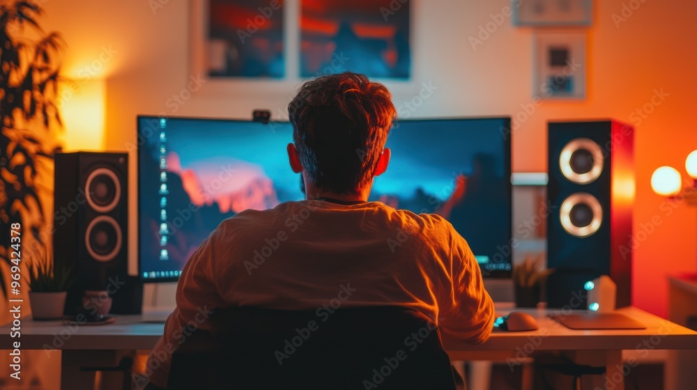 Gamer sitting in front of multiple monitors and speakers. Gamer sitting in front of multiple monitors and speakers.