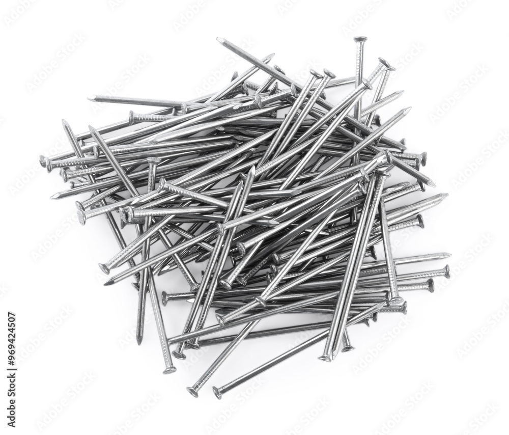 Pile of metal nails on white background, top view Pile of metal nails on white background, top view