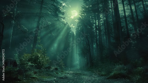 A forest at night with a full moon shining through the trees