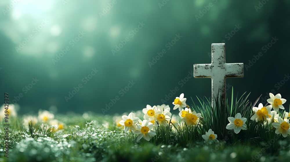 A serene scene featuring a cross surrounded by blooming flowers and lush grass. A serene scene featuring a cross surrounded by blooming flowers and lush grass.
