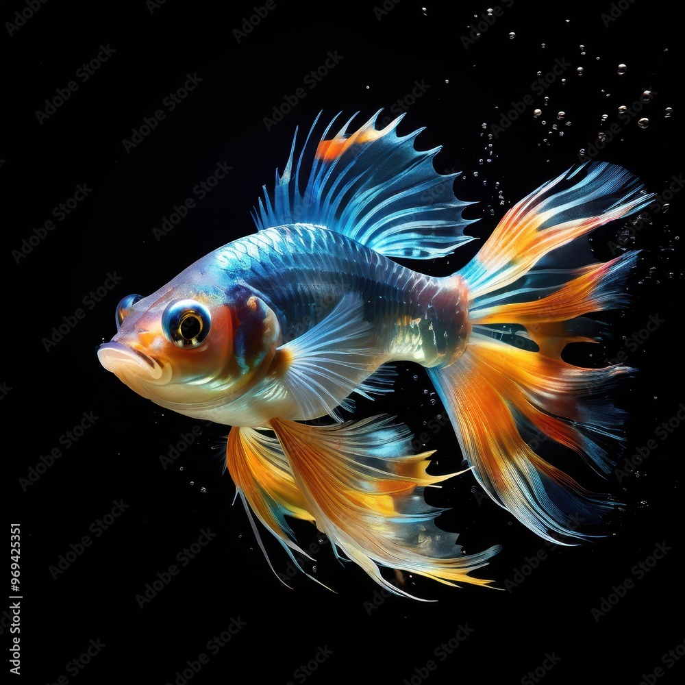 Fototapeta premium A vibrant goldfish with colorful fins swimming gracefully in dark water.