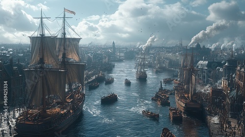 Wallpaper Mural A bustling port city during the Industrial Revolution, with ships loading and unloading cargo, representing the expansion of global trade and commerce. Torontodigital.ca