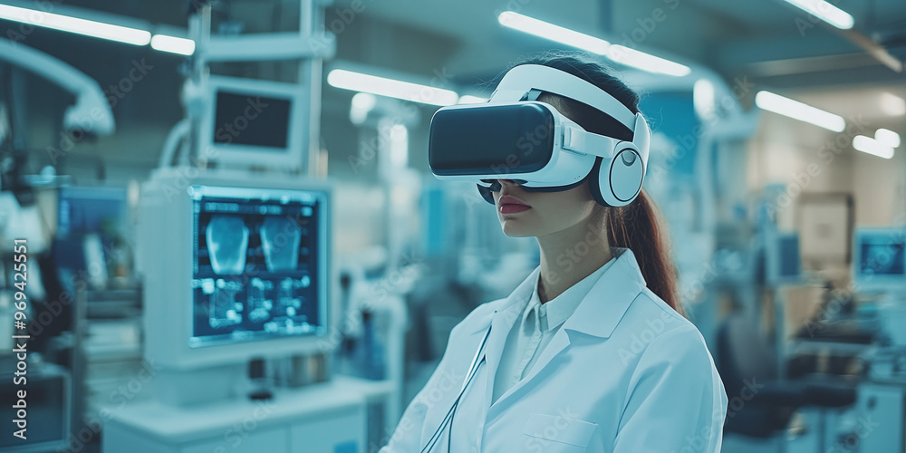 Female worker with VR headset and phone operating high tech medical machine with FPV display science laboratory, cosmetology industry Female worker with VR headset and phone operating high tech medical machine with FPV display science laboratory, cosmetology industry