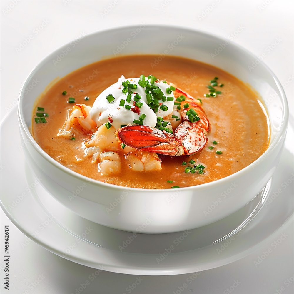 Serving of Lobster Bisque Garnished with a Dollop - Luxurious Seafood Delight Serving of Lobster Bisque Garnished with a Dollop - Luxurious Seafood Delight