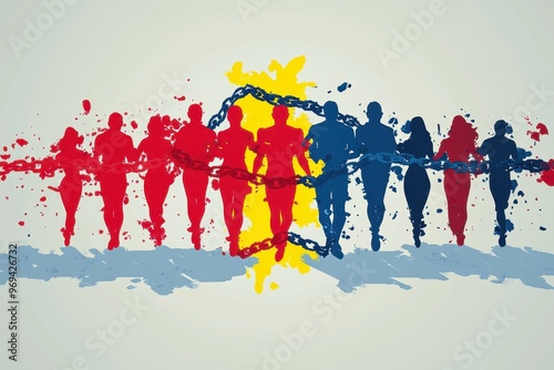 Stylized human figures with chains around them abstractly breaking free symbolizing the fight against trafficking.