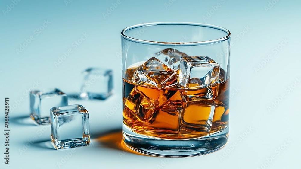 Whiskey on the rocks shimmers with ice against a cool blue backdrop. Whiskey on the rocks shimmers with ice against a cool blue backdrop.