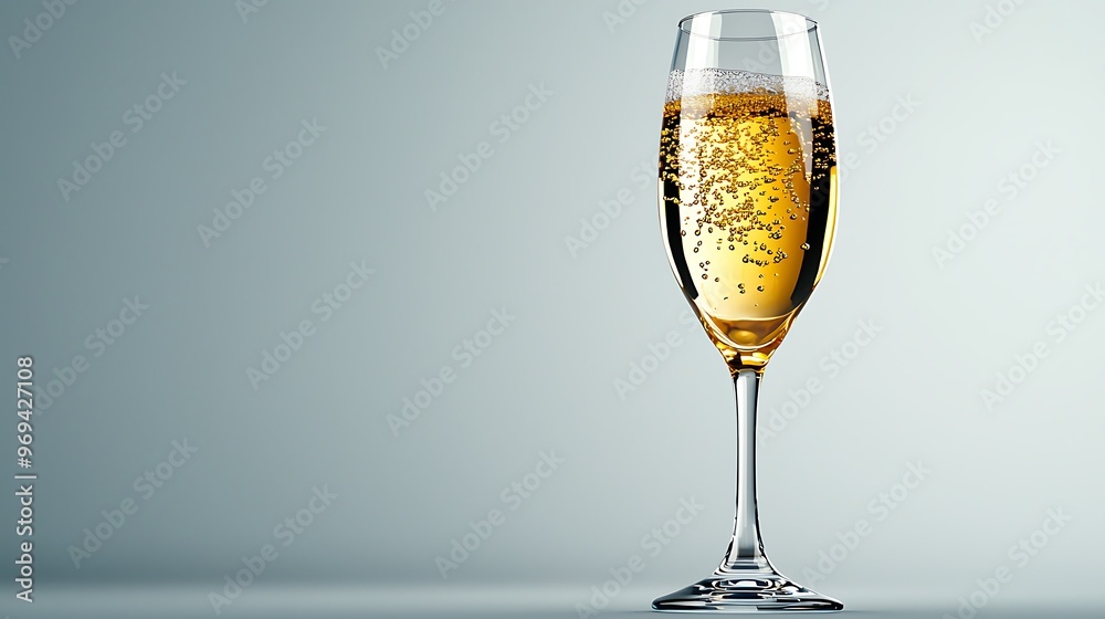A champagne flute with delicate bubbles shimmers on a soft gray background. A champagne flute with delicate bubbles shimmers on a soft gray background.