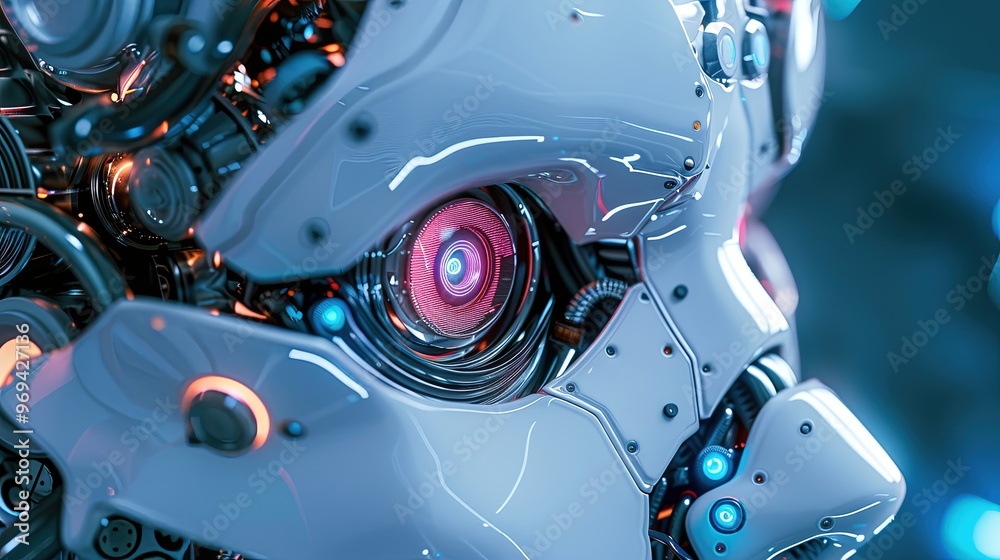 Fototapeta premium Robot white head and eye close-up. Technology concept, future, artificial intelligence, business, modern machine,industry,computer,work, automation, digital, banner, copy space,internet.