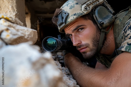 A sniper setting up in the ruins of a building, using broken walls and debris for cover while staying completely still