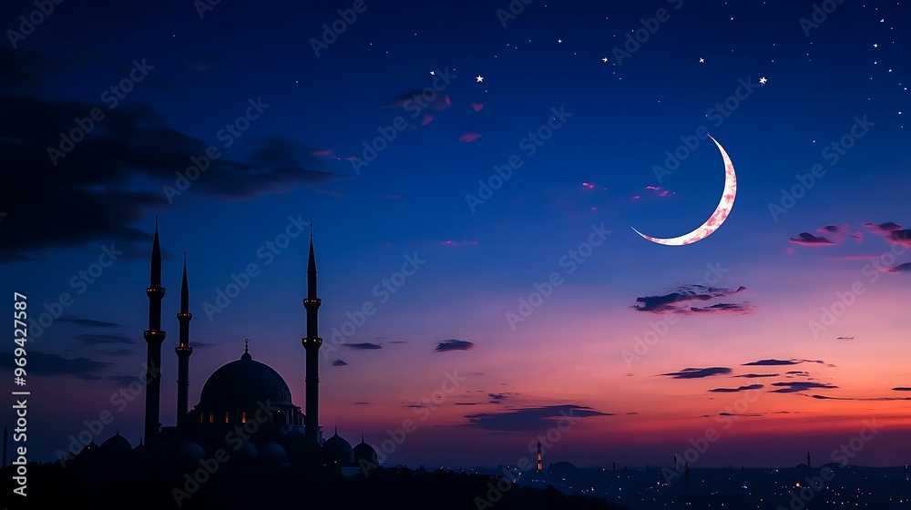 Mosque Silhouette with Crescent Moon and Stars Mosque Silhouette with Crescent Moon and Stars