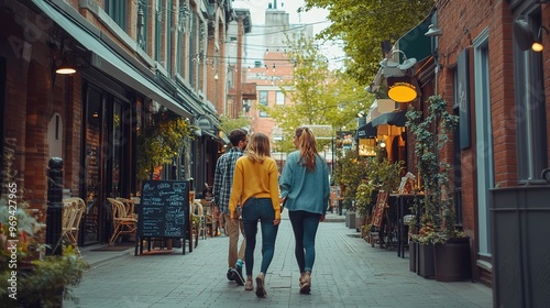 A group of friends exploring a trendy neighborhood with cafes and boutiques