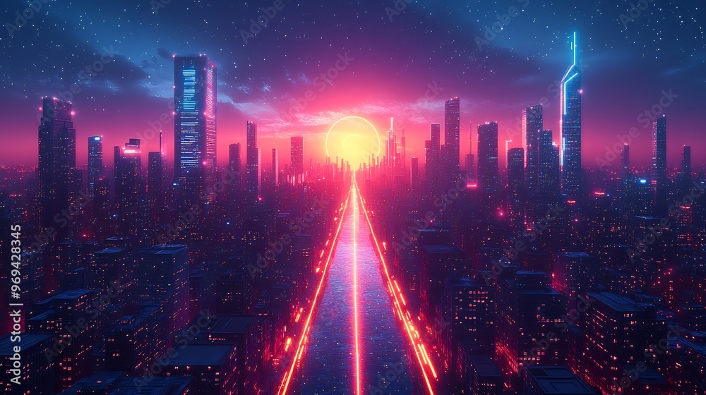 Fototapeta premium Vector design of a futuristic cityscape at night with sleek angular buildings and neon lights illuminating the skyline creating a dynamic and vibrant urban scene