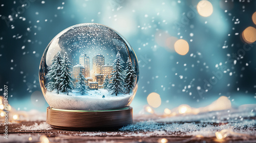 A snow globe with a city in it sits on a wooden table