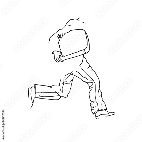 Silhouette d'un homme qui court avec un sac sous le bras, esquisse minimaliste, dessin à la main noir et blanc