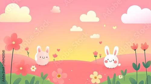 Wallpaper Mural Cute cartoon background, pink sky with clouds and flowers on the ground Torontodigital.ca