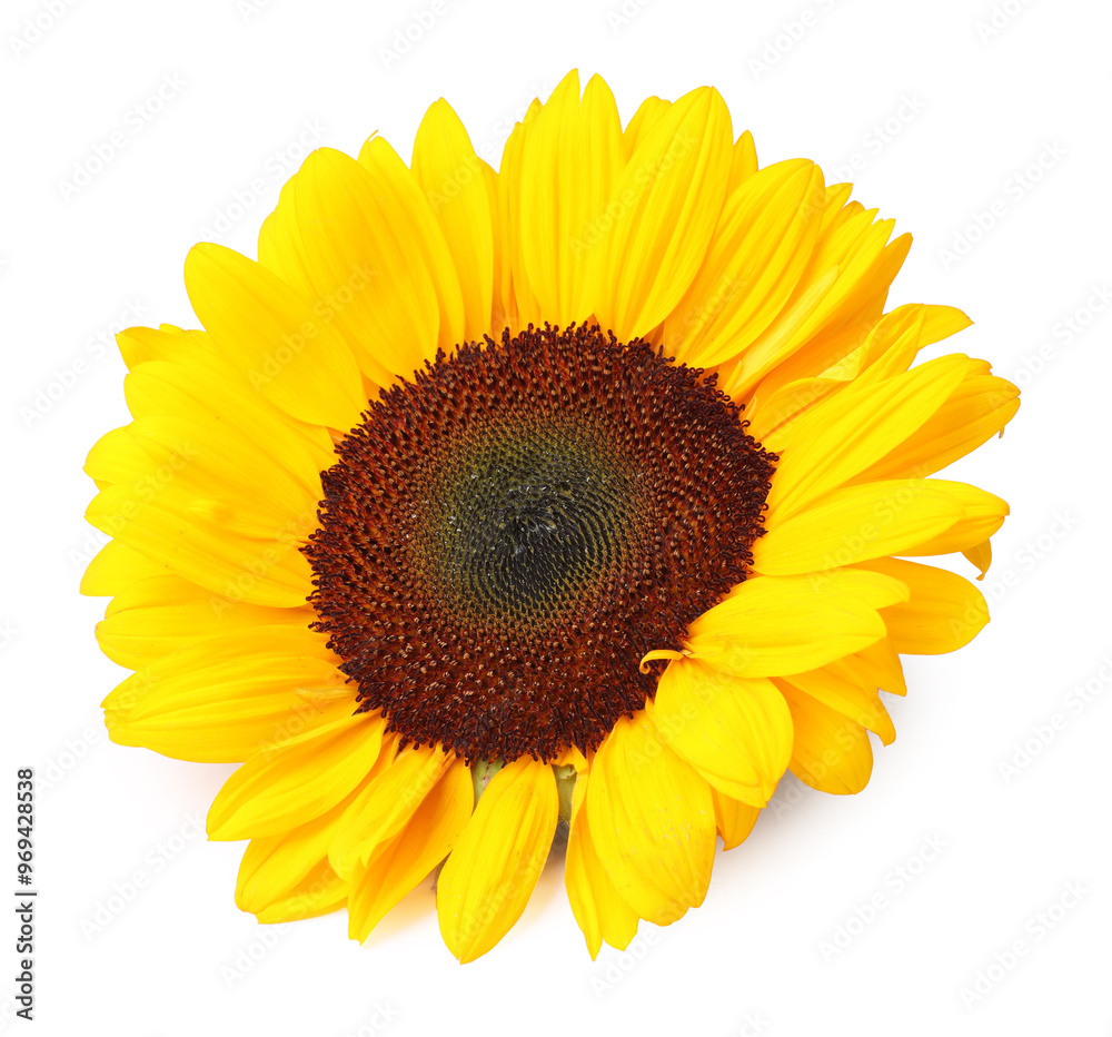 Obraz premium One beautiful sunflower with bright petals isolated on white