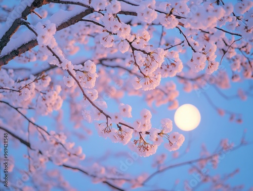 Snow Covered Cherry Tree Branches Under Moonlight photo